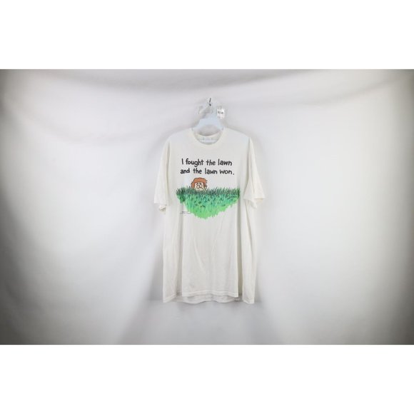 Vintage 90s Streetwear XL I Fought The Lawn and the Lawn Won Cartoon T-Shirt USA - Picture 1 of 16